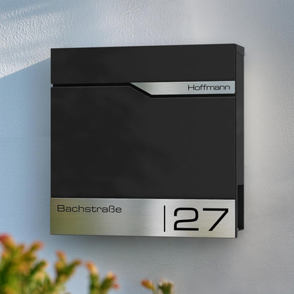 Metzler Wandbriefkasten Schwarz mit Zeitungsfach und Lasergravur