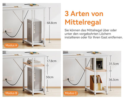 Coleshome Computertisch 130x48cm Stoff-Schubladen Steckdosen - Weiss