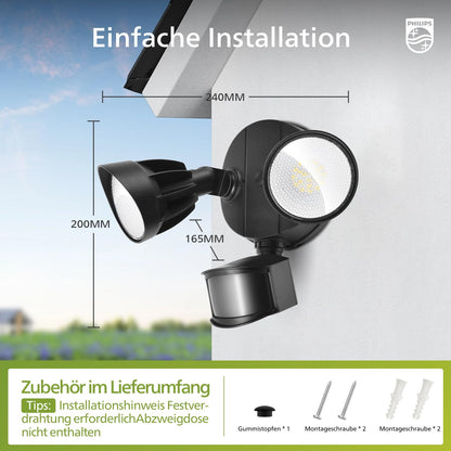 Philips LED Strahler Aussen mit Bewegungssensor, 3000 lm, 2 Köpfe