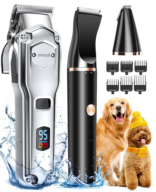 oneisall 3in1 Hundeschermaschine Set für dickes Fell, silber – mit Pfoten-Trimmer und Führungskämmen