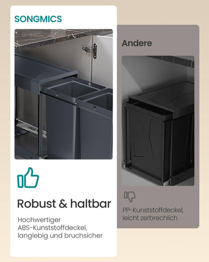 SONGMICS Mülltrennsystem Unterschrank, Abfalleimer 2 x 15 L, grau