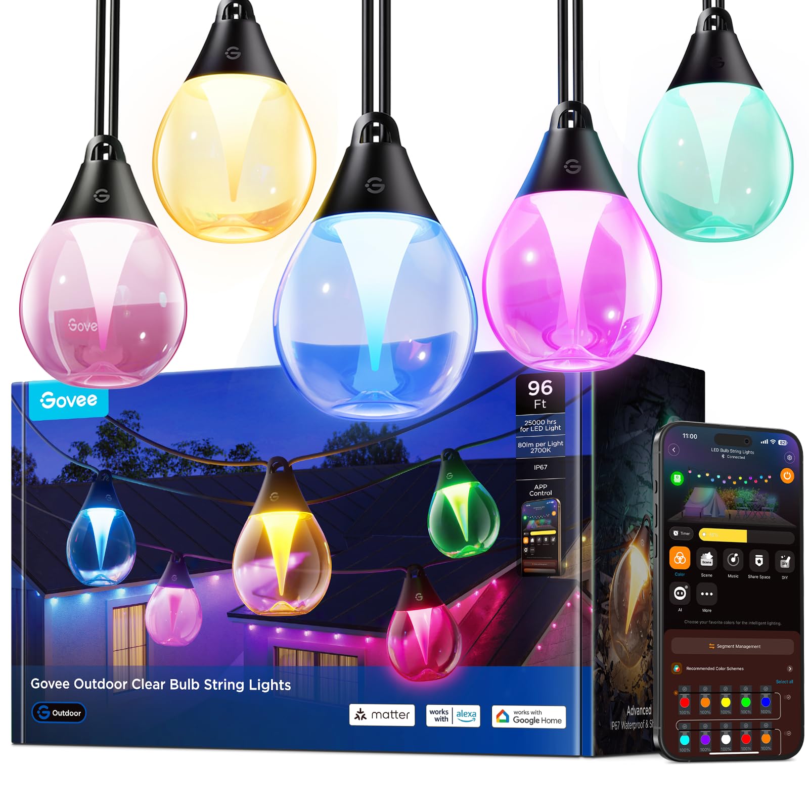 Govee LED Lichterkette Aussen 30M – RGBWIC Dimmbar Smart. 30m lange Kette mit individuell steuerbaren RGBWIC LEDs für flexible Aussenillumination.