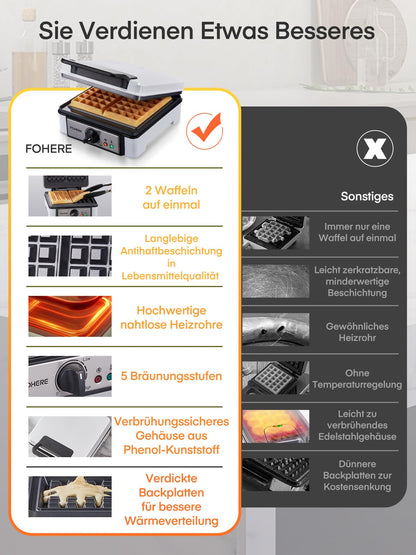 FOHERE Waffeleisen XL für 2 Waffeln, 1200 Watt, antihaftbeschichtet