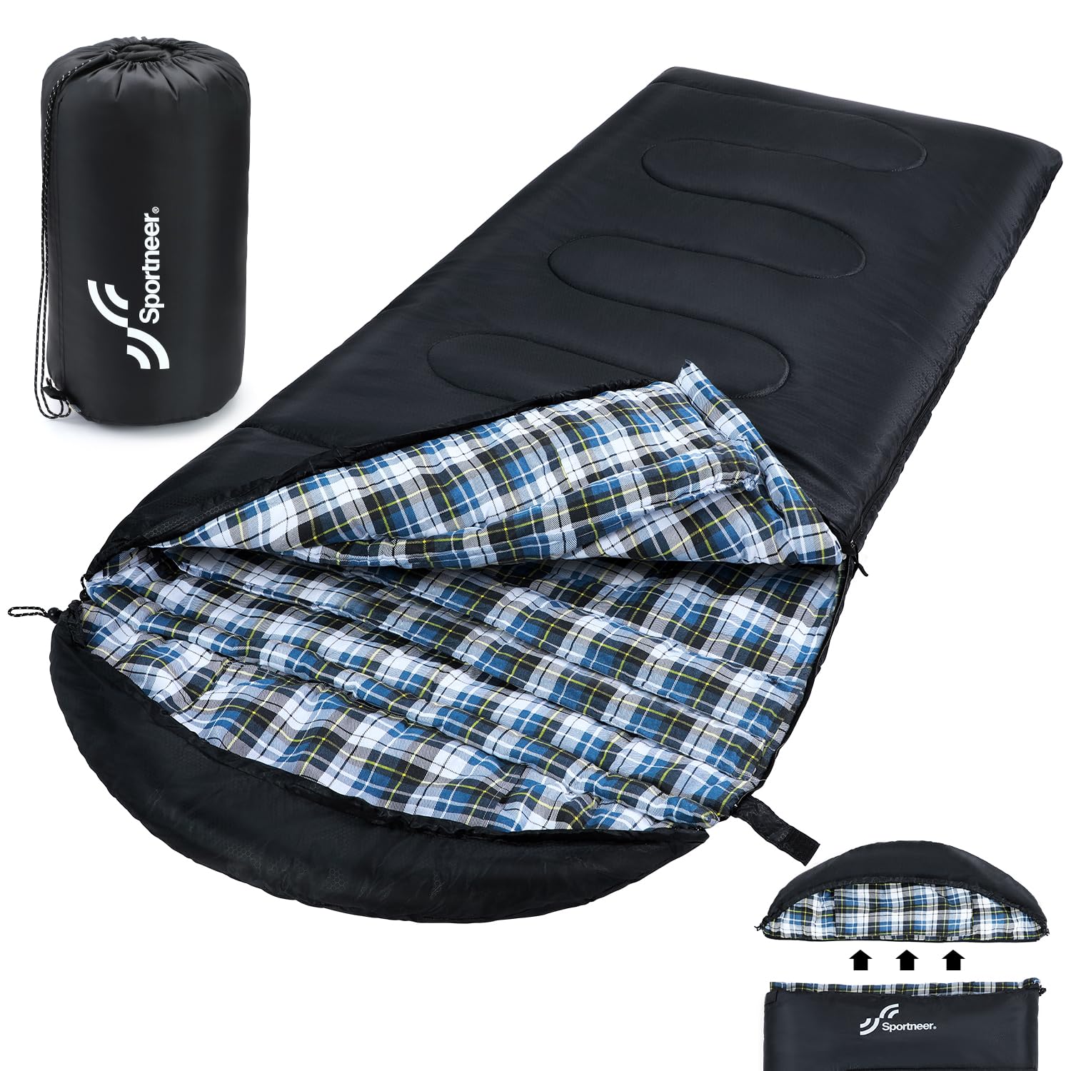 Sportneer Flanell-Schlafsack mit abnehmbarer Kapuze, 220 x 85 cm, als Decke nutzbar