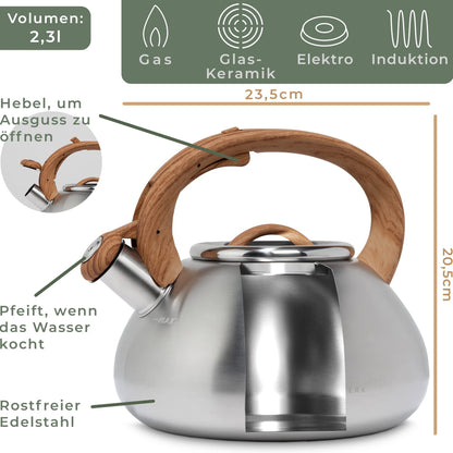 WALDWERK Flötenkessel 2,3 L – Edelstahl Wasserkessel für Induktion