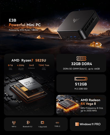 NiPoGi E3B Mini PC - AMD Ryzen 7 5825U, 32GB, 512GB SSD