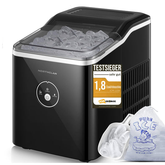 Eiswürfelmaschine. Kompaktes, silberfarbenes Gerät, das schnell Eiswürfel zur Getränkekühlung erzeugt.