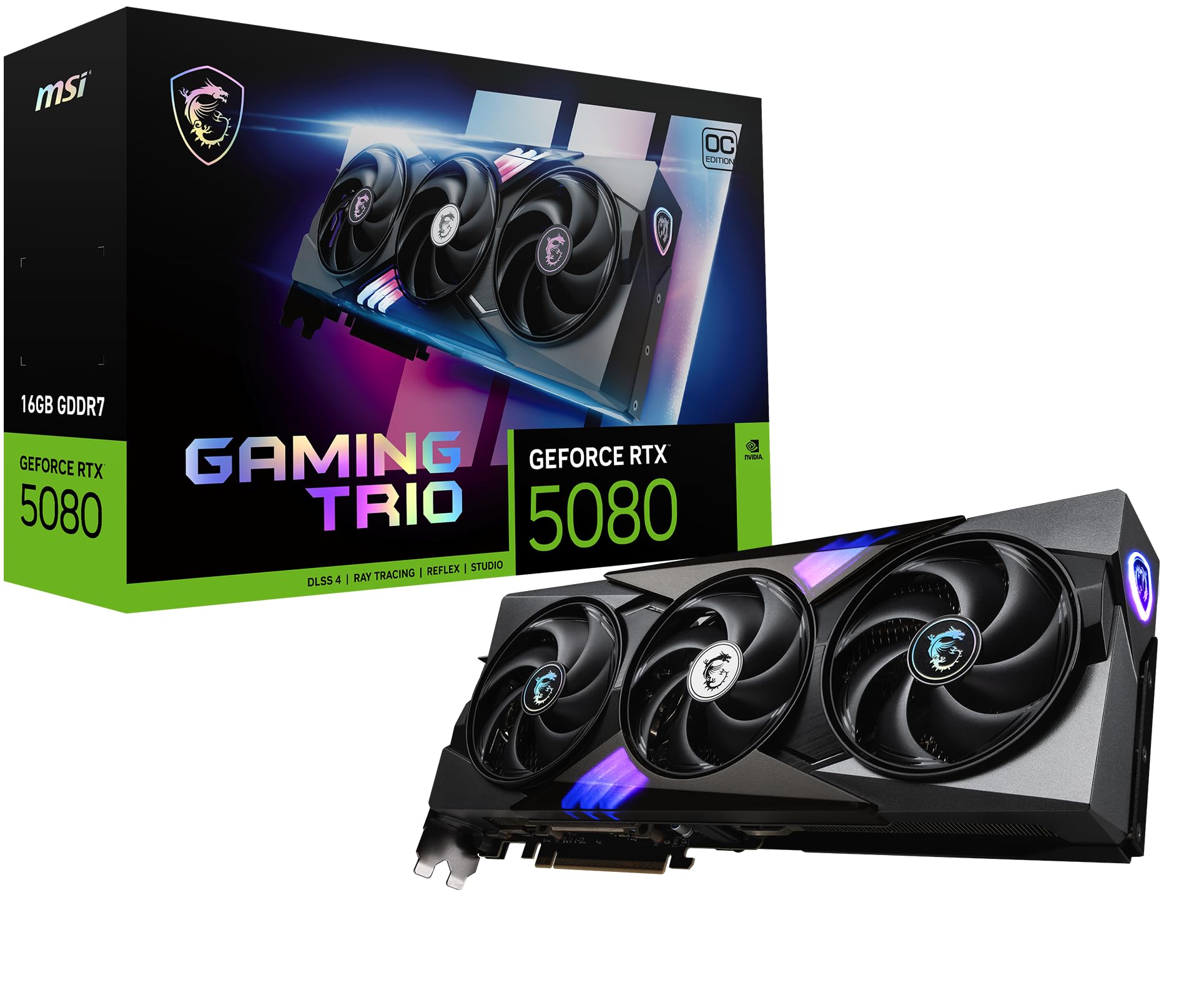 MSI GeForce RTX 5080 Grafikkarte - 16G Gaming Trio OC: Dunkle Gaming-Grafikkarte mit 3 Lüftern für hochauflösendes Gaming.