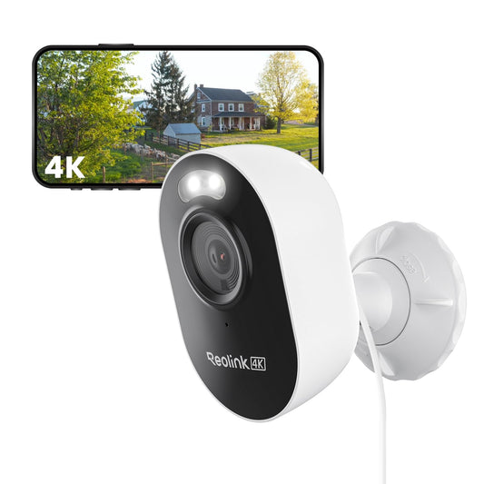 Reolink Lumus Pro 4K Wi-Fi 6 Dual-Band Überwachungskamera Aussen. Weiße zylindrische Kamera zur drahtlosen 4K-Überwachung.
