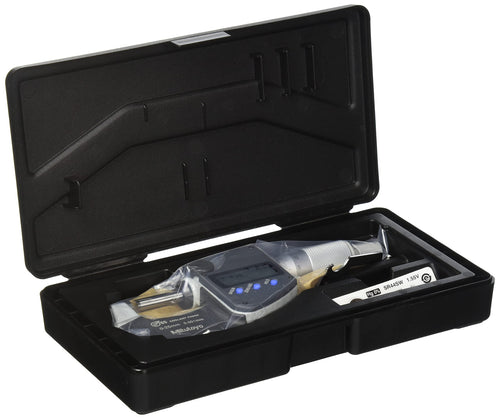 Mitutoyo 293-230-30 Digitales Mikrometer - IP65, silbernes U-Gehäuse mit Digitalanzeige. Dient zur präzisen Außenmessung.