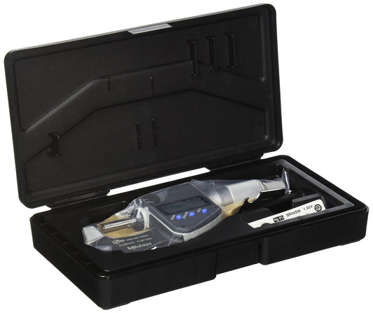 Mitutoyo 293-230-30 Digitales Mikrometer - IP65, silbernes U-Gehäuse mit Digitalanzeige. Dient zur präzisen Außenmessung.