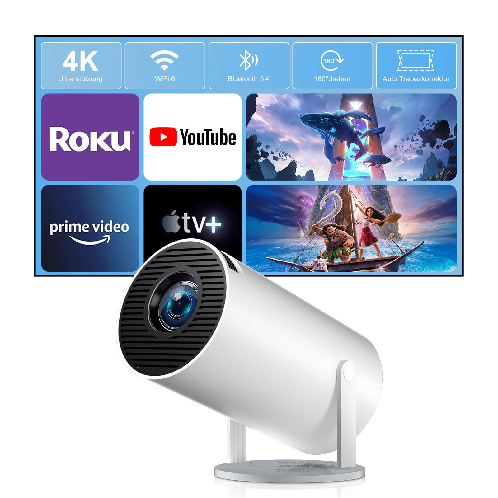 ZDSSY Mini Beamer HY300Pro+ 4K Android WiFi Bluetooth, Weiss – kompaktes Gehäuse mit 210-Grad-Schwenkarm