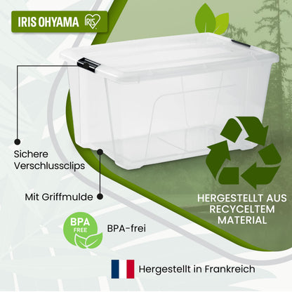 Iris Ohyama Aufbewahrungsbox mit Deckel, 45 L, 4er-Set, transparent