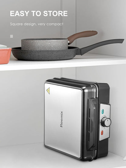 Reemix Waffeleisen für 4 belgische Waffeln, 1200 W, Edelstahl