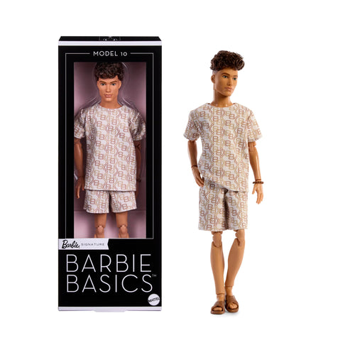 Barbie Basics Model 10 Ken Sammler-Modepuppe mit Monoprint-Outfit, brünettes Haar, T-Shirt und Shorts