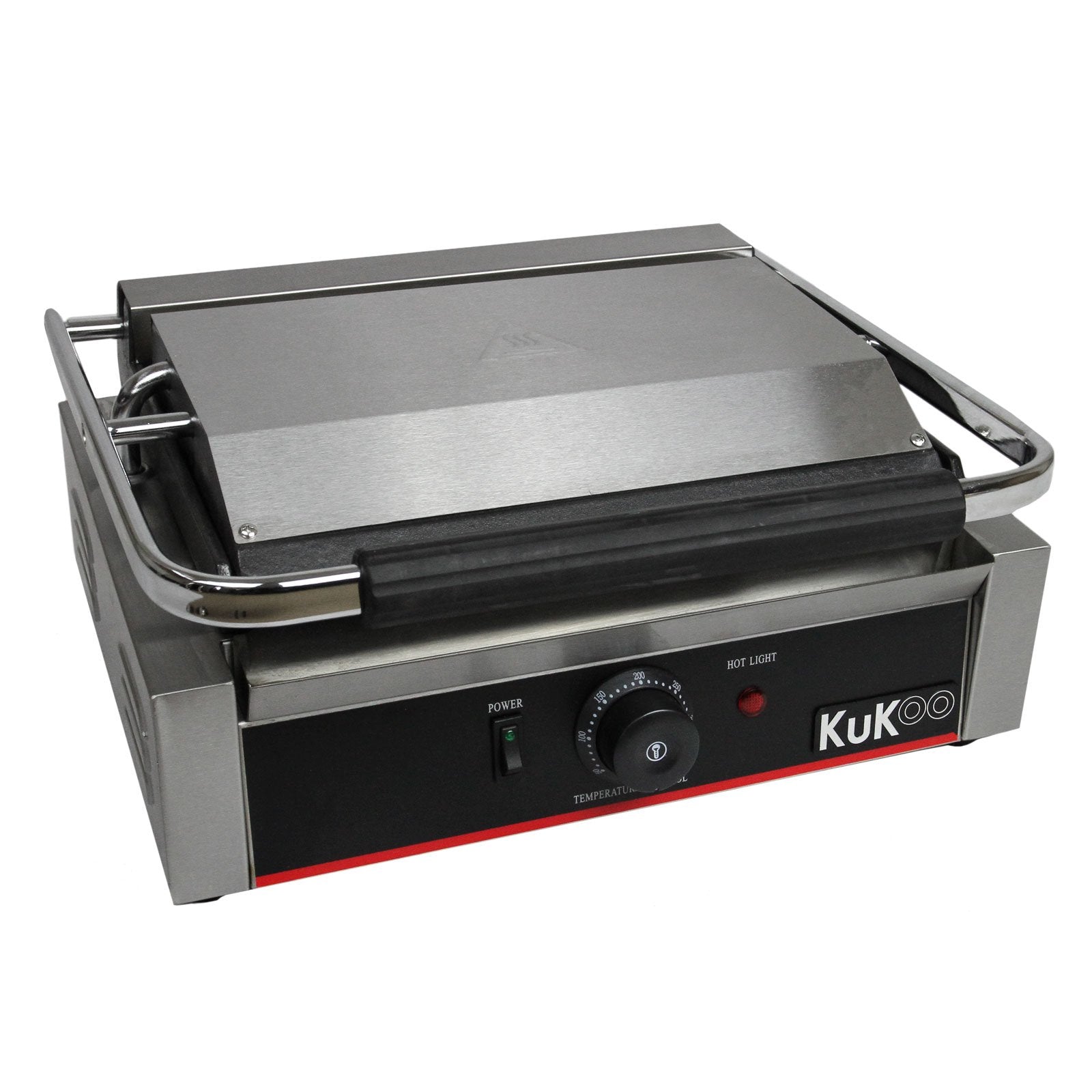 KuKoo Panini Elektrogrill 1/2 glatt-1/2 gerillt 2200W. Silberner Kontaktgrill. Grillt Paninis und Sandwiches.