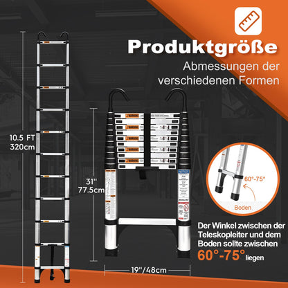 HBTower 3.2m Teleskopleiter Aluminium mit Haken - Silber