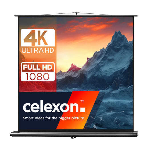 celexon Ultramobil Professional Pull-Up-Leinwand 180x180 cm. Weiße Projektionsfläche im schwarzen Gehäuse zur Bildprojektion.