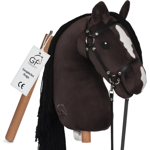 GaloppFreude Hobby Horse Steckenpferd Braunschecke mit Trense, A3 – braun-weiss geschecktes Pferd mit langer Mähne
