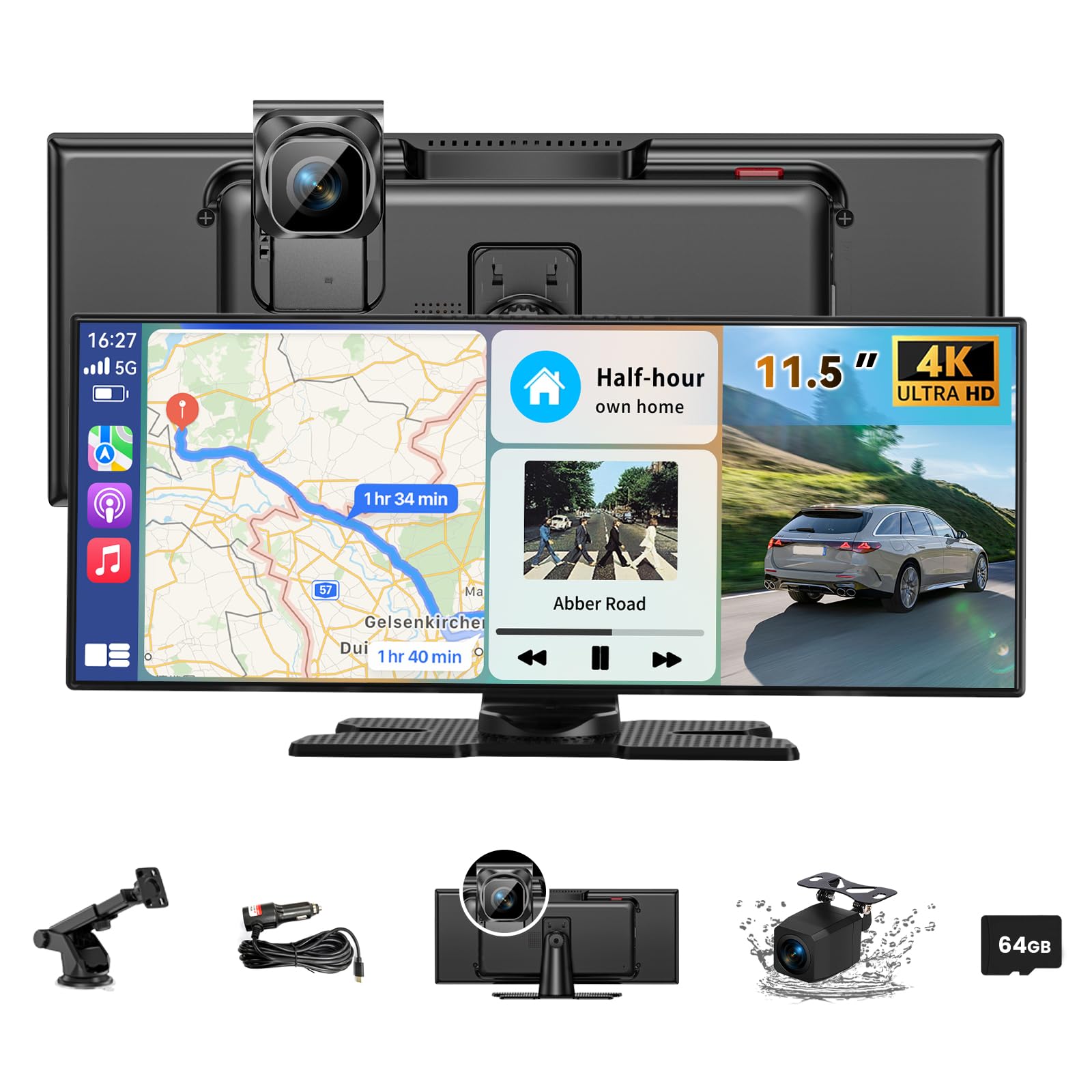 11.5 Zoll Kabelloses Carplay Android Auto 4K Touch Display: Schwarzes, rechteckiges Display. Erweitert Fahrzeuge um kabellose Navigation und Multimedia.
