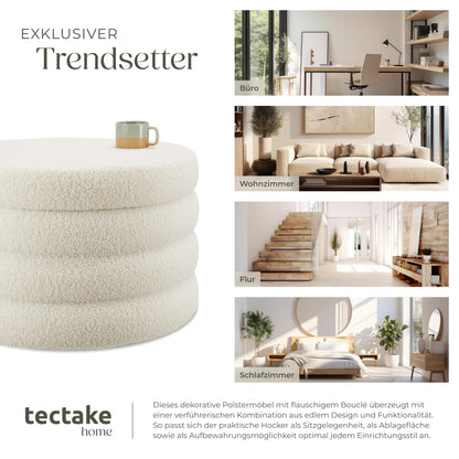 tectake® XL Scandi Stauraum Hocker Pouf – Bouclé Creme-weiss