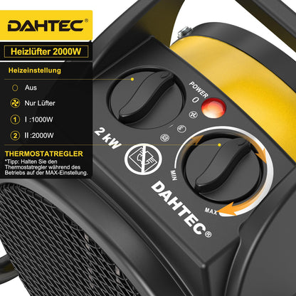 DAHTEC Keramik Heizlüfter 2000W – Elektroheizer mit Thermostat