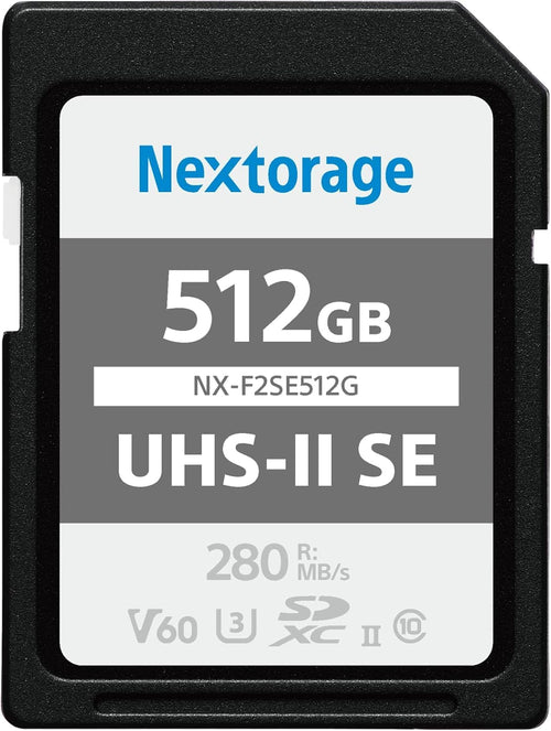 Nextorage NX-F2SE512G UHS-II SD Karte V60 4K 512GB. Rechteckige, schwarze Speicherkarte. Speichert 4K-Videos und Fotos.