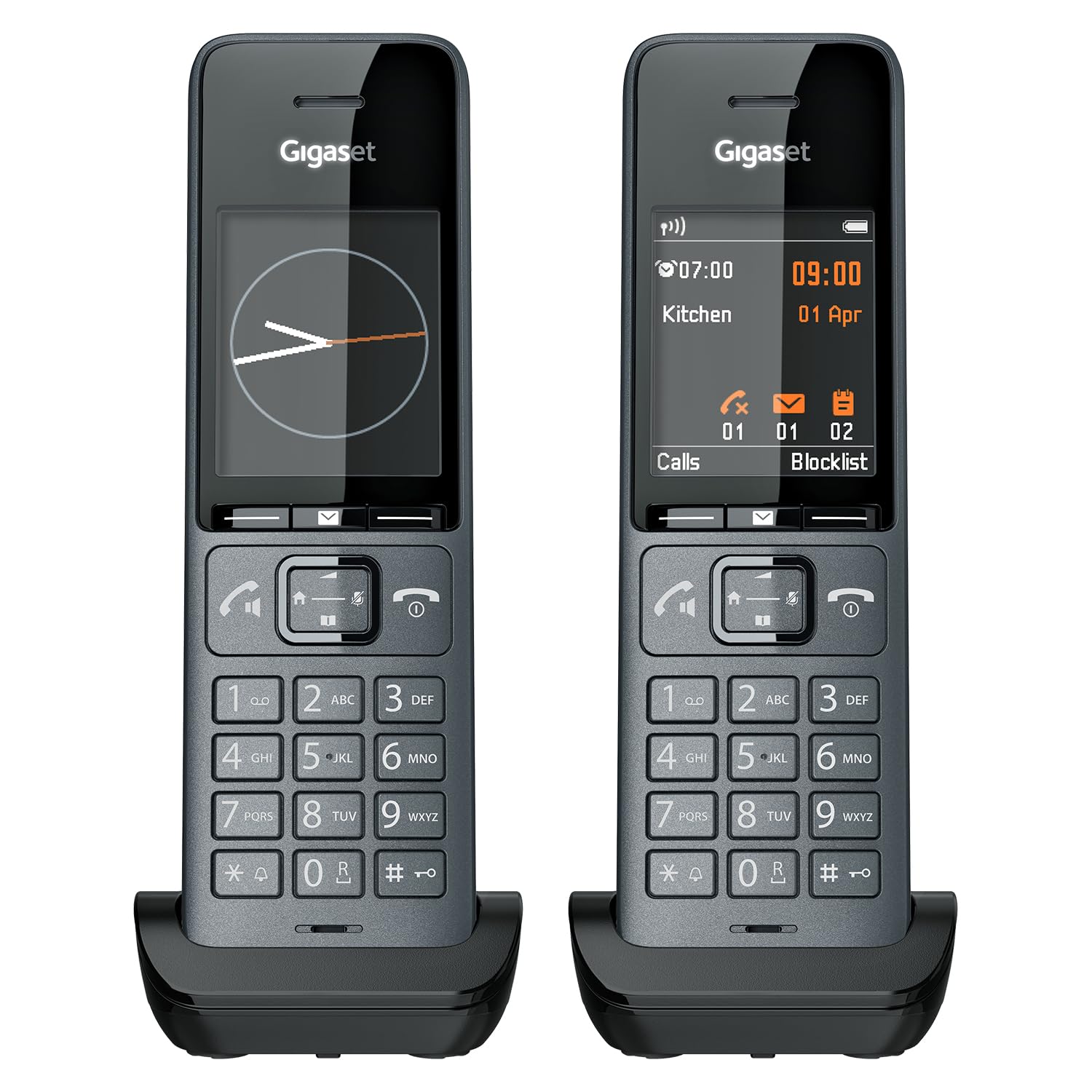 Gigaset Comfort 520HX Duo DECT Telefon – Titan-Schwarz. Zwei rechteckige, titan-schwarze Mobilteile für schnurlose Festnetztelefonie.