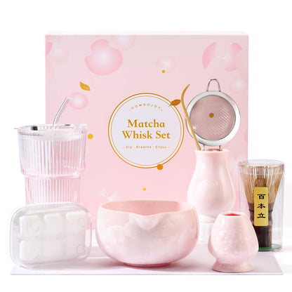 ComboJoy Matcha Set Rosa, 9-teilig mit Matchaschale & Bambusbesen, handgefertigt mit kristalliner Glasur