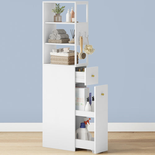 Hzuaneri Badezimmerschrank schmal mit Schubladen, 40x20x140 cm, Weiss – Hochschrank mit drei offenen Ablagen