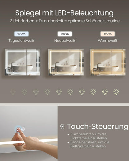 VASAGLE Kailyn Spiegelschrank mit LED-Beleuchtung, weiss, BBK134W01