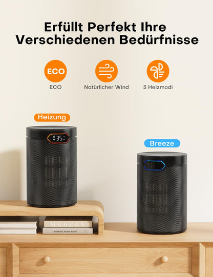 QEXREED Heizlüfter 1500W, PTC, ECO-Modus, Thermostat & Fernbedienung