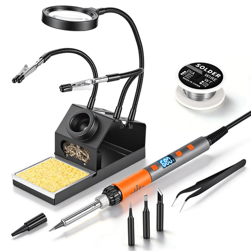 Aucanla Lötkolben Set 100W mit LCD-Anzeige und Temperaturregelung, inklusive Ständer mit Lupe und drei Lötspitzen
