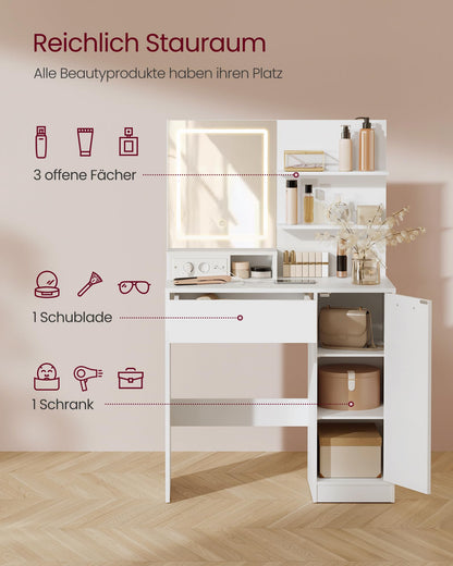 VASAGLE Kailyn Schminktisch mit LED-Spiegel & Steckdosenleiste – Weiss
