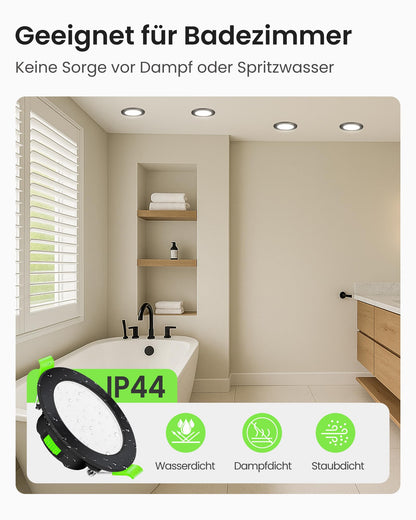 ALUSSO LED Einbaustrahler 230V dimmbar schwarz 68mm 7W IP44, 6er Set