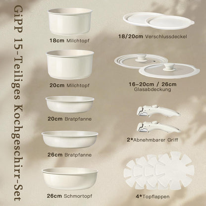 GiPP Pfannenset 15-tlg. mit Abnehmbarem Griff, Keramik-Antihaft