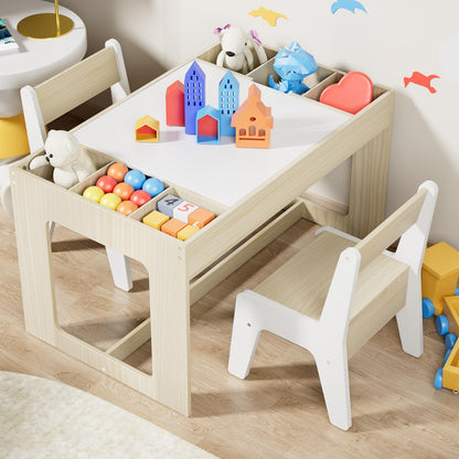Clevich Kindersitzgruppe mit Stauraum, Tisch mit 2 Stühlen, Holzfarbe, MDF-Kindertisch mit wendbarer Tischplatte