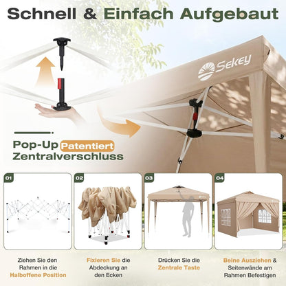 Sekey Pop Up Pavillon 3x3 m, wasserdicht, mit Seitenwänden, beige