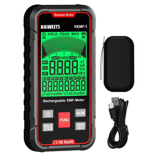 KAIWEETS EMF Messgerät KEMF-1 für EF, MF und RF mit LCD-Display, tragbar, mit USB-C-Ladeanschluss