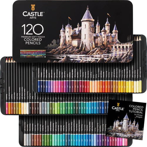 Castle Art Supplies Buntstift-Set mit 120 Stiften in Blechbox – farbcodierte Stifte auf drei Ebenen