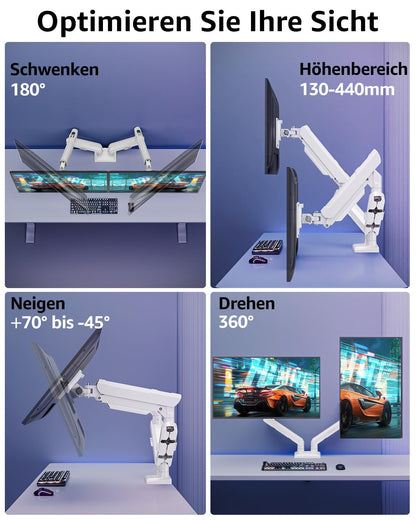 ELIVED EV6012W Gasfeder Doppel-Monitorhalterung Weiss