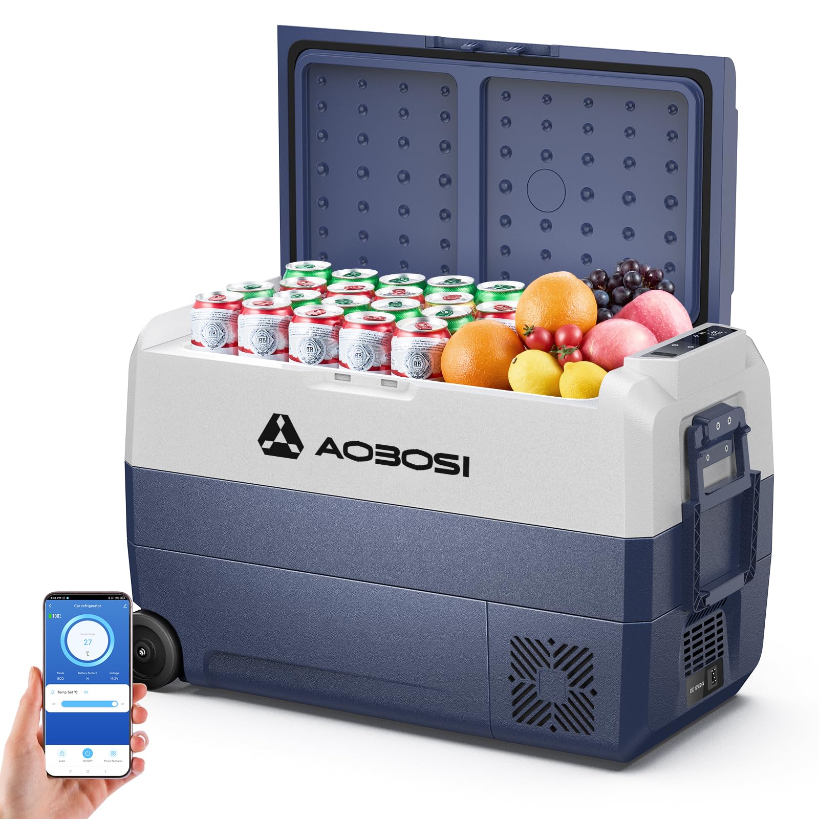 AAOBOSI Kompressor Kühlbox 50L mit WiFi-App-Steuerung. Rechteckige, graue Box mit Griffen. Kühlt/gefriert Lebensmittel mobil.