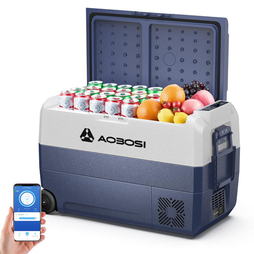 AAOBOSI Kompressor Kühlbox 50L mit WiFi-App-Steuerung. Rechteckige, graue Box mit Griffen. Kühlt/gefriert Lebensmittel mobil.