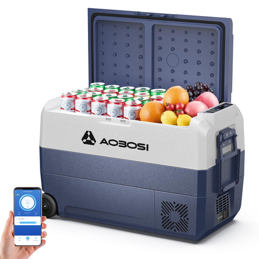 AAOBOSI Kompressor Kühlbox 50L mit WiFi-App-Steuerung. Rechteckige, graue Box mit Griffen. Kühlt/gefriert Lebensmittel mobil.