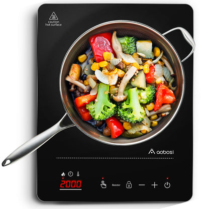 Aobosi Induktionskochplatte, 1 Platte, 2000 W, tragbar, Timer, silber – Glaskeramik-Kochfläche mit LED-Display