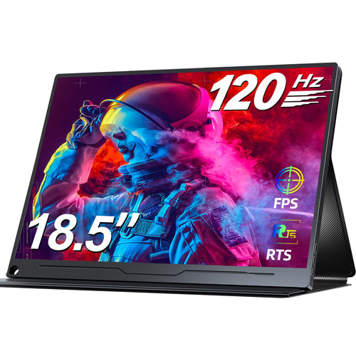 UPERFECT 18,5 Zoll 120Hz Portable Gaming Monitor – IPS Full HD. Dünnes, rechteckiges, schwarzes Display für Gaming mit hoher Bildwiederholfrequenz.