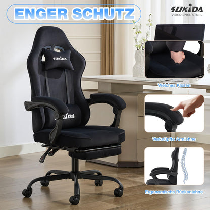SUKIDA Gaming-Stuhl aus Stoff, ergonomisch, mit Fussstütze, schwarz