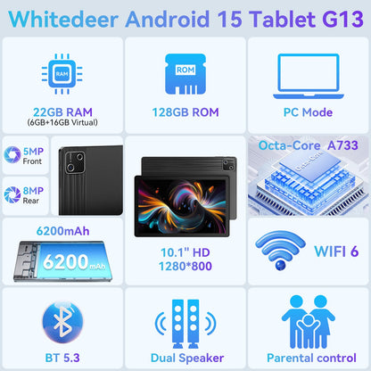 Whitedeer Android 15 Gaming Tablet 10 Zoll – Schwarz