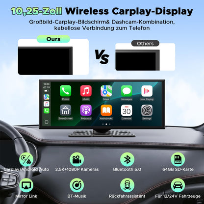 LAMTTO CarPlay Android Auto Display 10.25 Zoll + 2.5K Dashcam