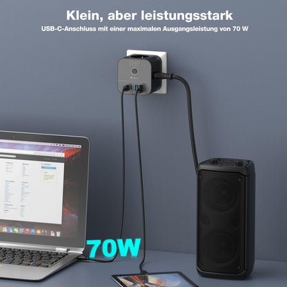 VEFVE Steckdosenwürfel 70 W mit USB-C, 7-in-1 Mehrfachsteckdose GaN